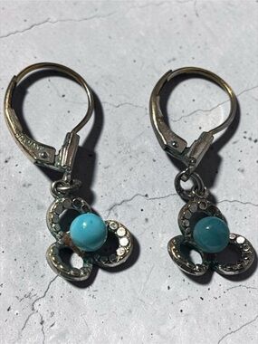 K&L Germany Turquoise Accented Silver Tone Floral Lever Back Earrings